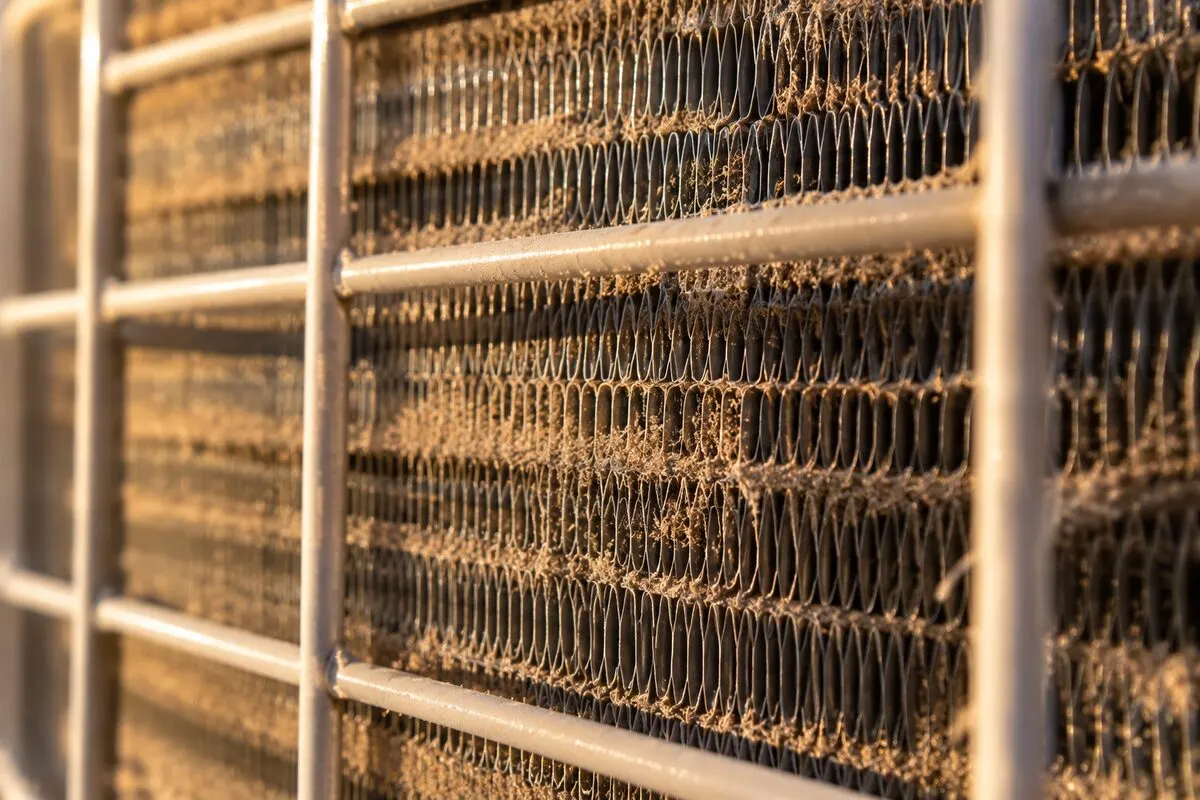 Aluminum condenser coil fins packed with fine desert dust, seen through the unit's wire grille
